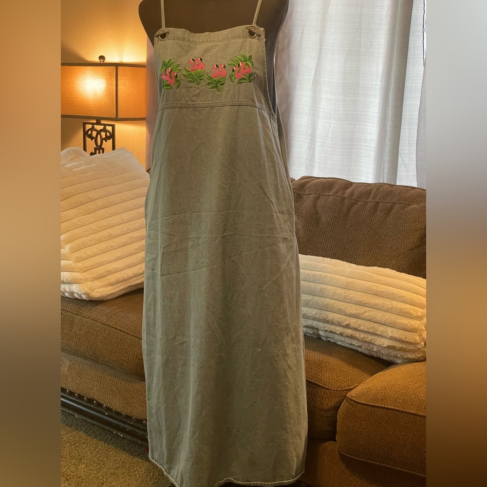 Vintage Quaker Factory Jean Jumper Maxi Dress with Pink Flamingo Embroidery